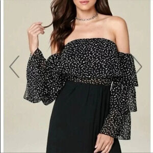 Bebe Black & White Polka Dot Off The Shoulder Ruffle Sleeves Blouse Size Large L